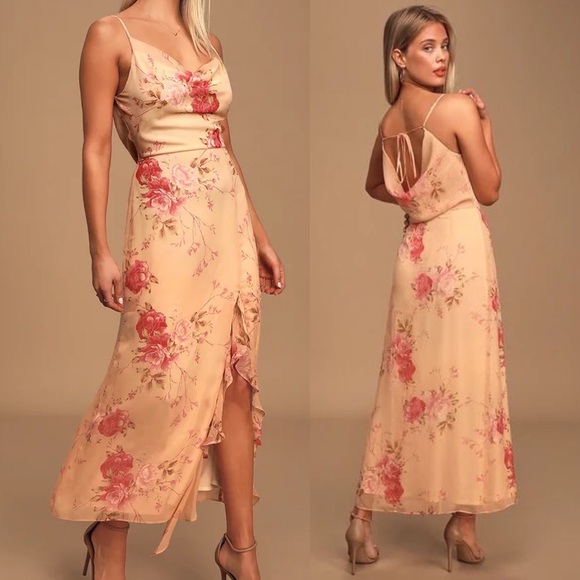 Lulus Dresses & Skirts - Lulus Lunch In The Vineyard Peach Floral Print Ruffled Midi Dress